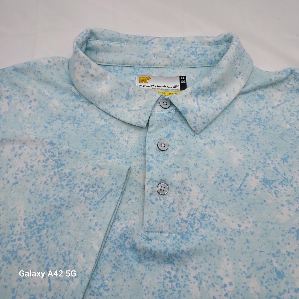 Nicklaus Mens XL Golf Polo Shirt Blue‎ White Abstract Eco Choice Recycled